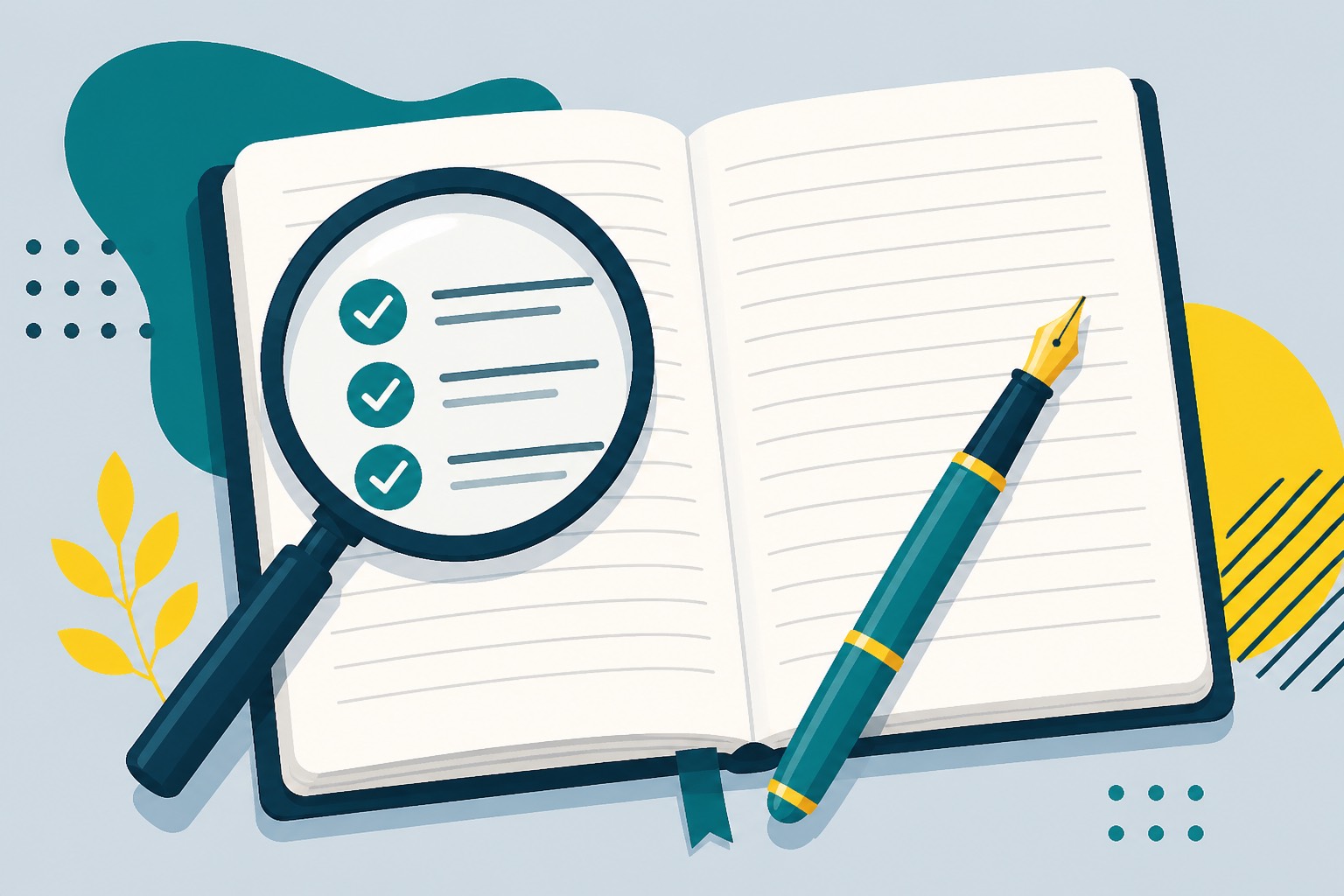 Notebook, magnifying glass and pen illustration
