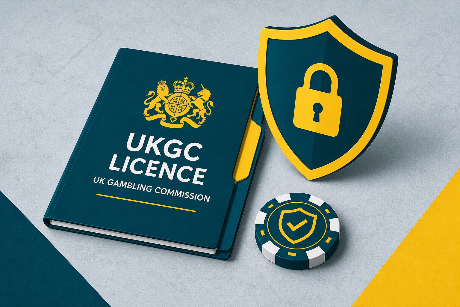 Illustration of a licence folder, shield and casino chip