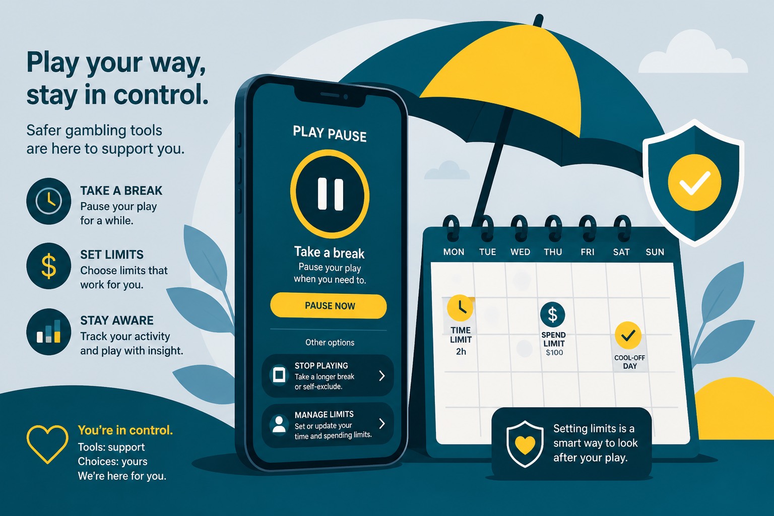 Safer gambling tools illustration with phone limits and umbrella